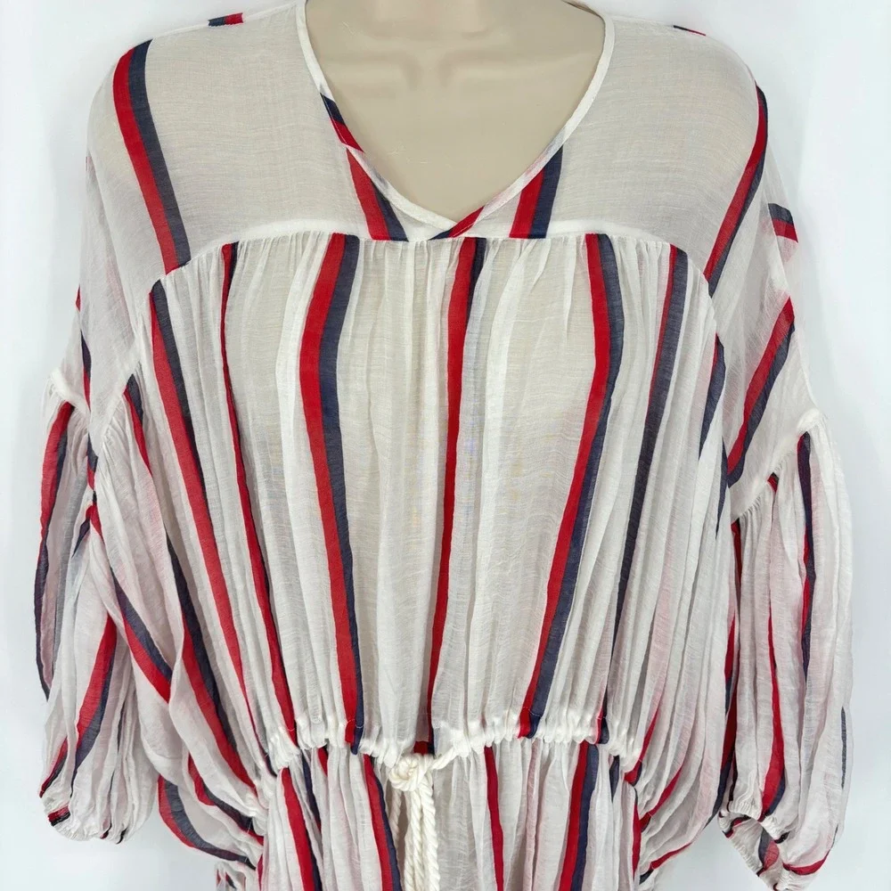 Lovebinetti Womens Small Red White Blue Striped Cotton Gauze Midi Dress Boho